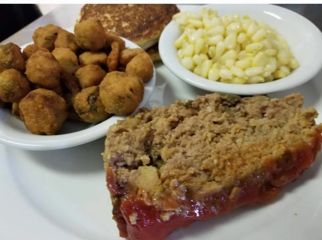 Meatloaf with corn, fried okra and cornbread